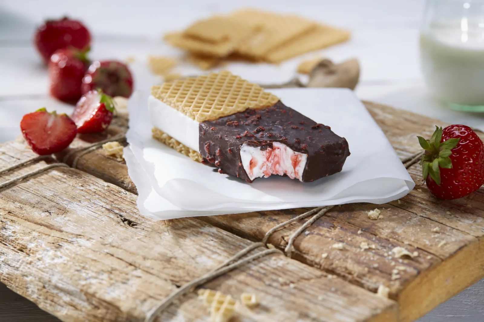 Angebissenes Eiswaffel-Sandwich mit Schokoladenh&uuml;lle und Erdbeerf&uuml;llung